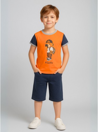 طقم تيشيرت وشورت للأطفال لون برتقالي وكحلي