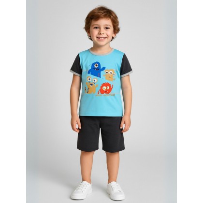 طقم تيشيرت وشورت للأطفال لون أزرق وأسود