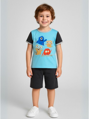 طقم تيشيرت وشورت للأطفال لون أزرق وأسود