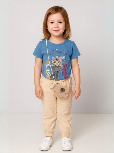 طقم بنطلون وتيشيرت للأطفال لون أزرق وبيج
