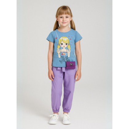 طقم بنطلون وتيشيرت للأطفال لون أزرق و بنفسجي