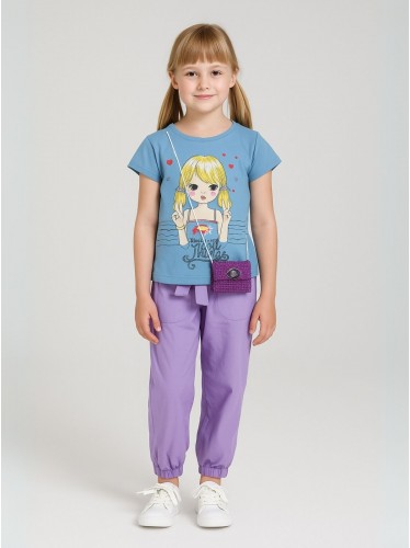 طقم بنطلون وتيشيرت للأطفال لون أزرق و بنفسجي