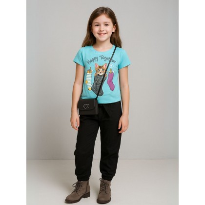 طقم بنطلون وتيشيرت للأطفال لون أزرق وأسود