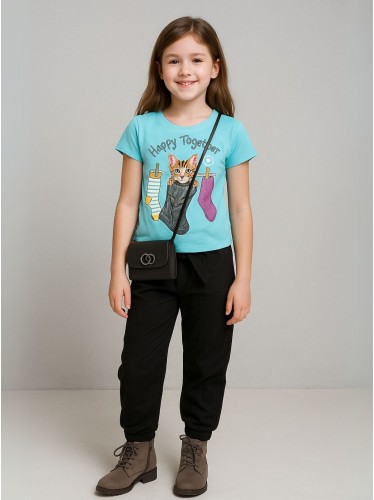 طقم بنطلون وتيشيرت للأطفال لون أزرق وأسود