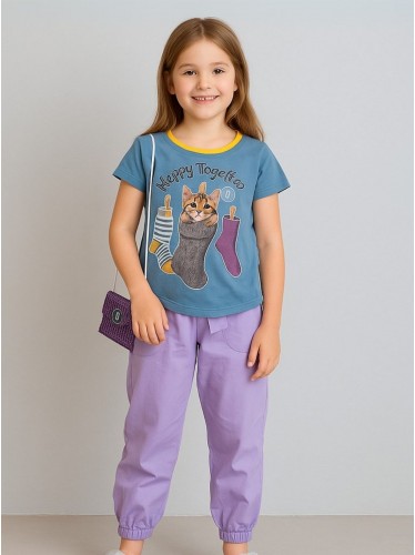 طقم بنطلون وتيشيرت للأطفال لون بيج وبنفسجي