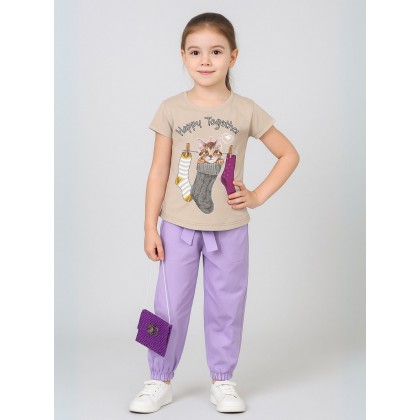 طقم بنطلون وتيشيرت للأطفال لون أزرق وبنفسجي
