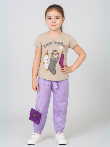 طقم بنطلون وتيشيرت للأطفال لون أزرق وبنفسجي