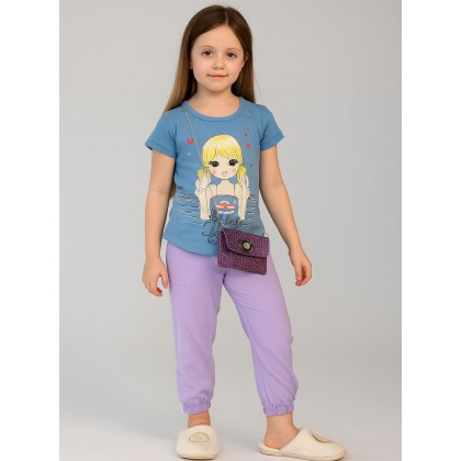 طقم بنطلون وتيشيرت للأطفال لون أصفر وبنفسجي