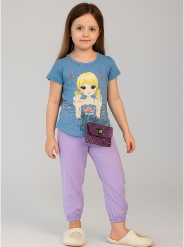 طقم بنطلون وتيشيرت للأطفال لون أصفر وبنفسجي