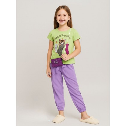 طقم بنطلون وتيشيرت للأطفال لون أصفر وبنفسجي