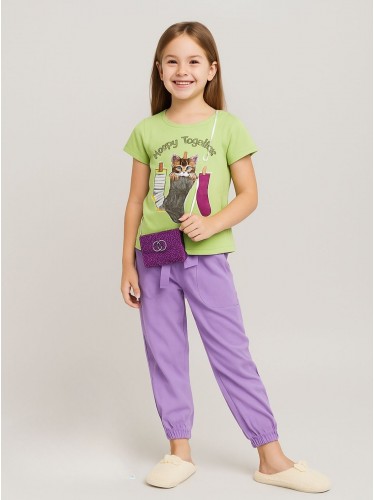 طقم بنطلون وتيشيرت للأطفال لون أصفر وبنفسجي