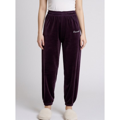 بنطلون مخمل بتصميم عريض مع أرجل مطاطية للنساء لون بنفسجي