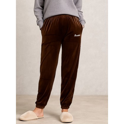 بنطلون مخمل بتصميم عريض مع أرجل مطاطية للنساء لون بني غامق