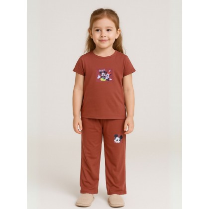 طقم بناتي قطعتين لون بني بنطلون + تيشيرت