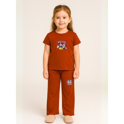 طقم بناتي قطعتين لون كرميدي بنطلون + تيشيرت