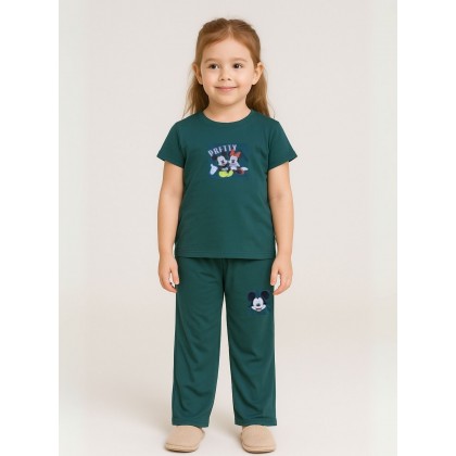 طقم بناتي قطعتين لون أخضر بنطلون + تيشيرت