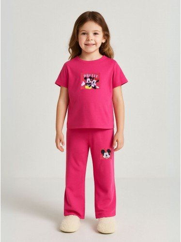 طقم بناتي قطعتين لون فوشي بنطلون + تيشيرت