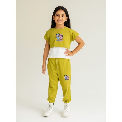 بيجامة بناتي 3 قطع لون زيتي