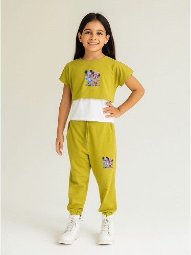 بيجامة بناتي 3 قطع لون زيتي