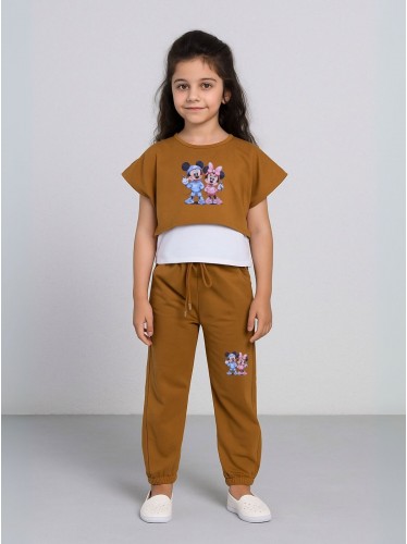 بيجامة بناتي 3 قطع لون بني