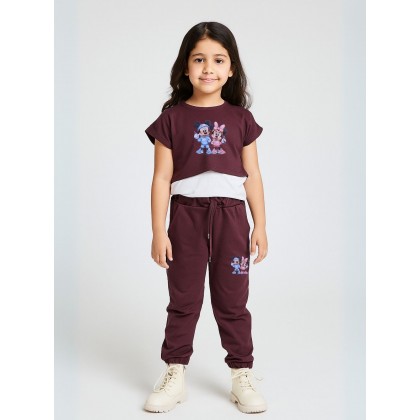 بيجامة بناتي 3 قطع لون خمري