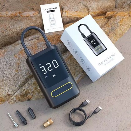منفاخ عجلات السيارة والدراجة والكرات محمول وذكي ببطارية قابلة للشحن مع شاشة رقمية - Car Air Pump atj-8466