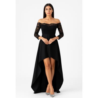 فستان طويل من الخلف بأكمام طويلة دانتيل لون أسود