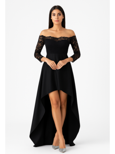 فستان طويل من الخلف بأكمام طويلة دانتيل لون أسود