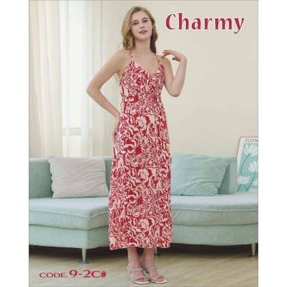 فستان بيتي طويل لون أحمر وأبيض