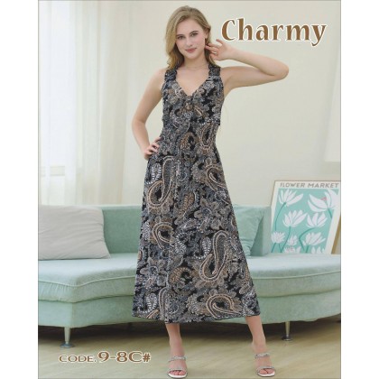 فستان بيتي طويل للنساء لون كحلي وبني