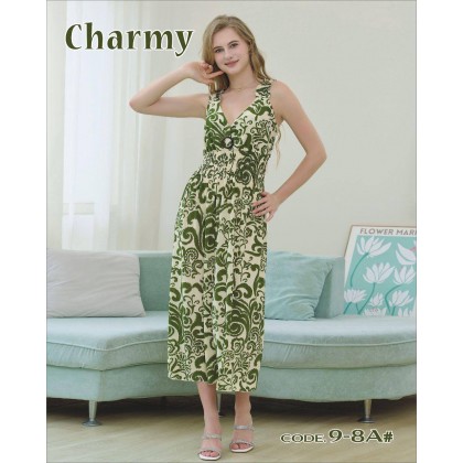 فستان بيتي طويل للنساء لون أخضر وأبيض