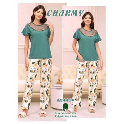 بيجامة صيفية للنساء قطعتين لون أخضر وأبيض و أصفر