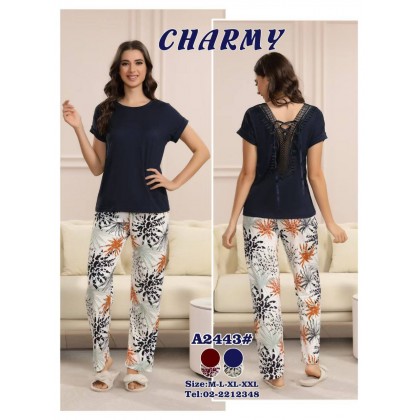 بيجامة للنساء قطعتين لون كحلي وأبيض