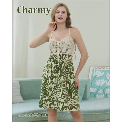 فستان بيتي للنساء قصير لون أخضر وبيج