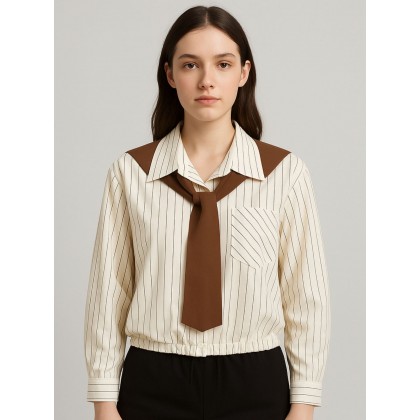 قميص بناتي لون بيج مع لفحة بنية مخطط