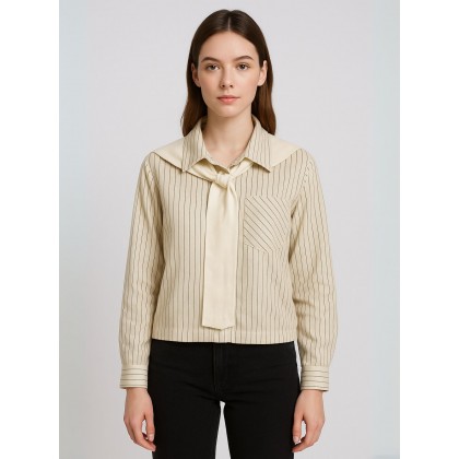 قميص بناتي مع لفحة لون بيج مخطط