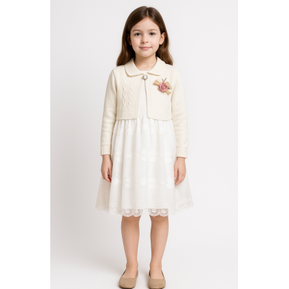طقم فستان للأطفال لون أبيض وسكري
