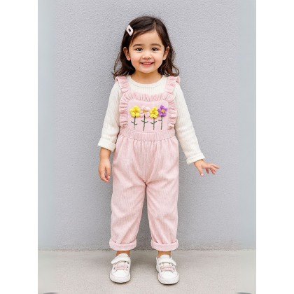 طقم افرهول مع بلوزة كم بناتي لون زهري وأبيض