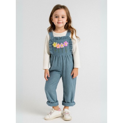 طقم افرهول مع بلوزة كم بناتي لون أخضر فيروزي وأبيض