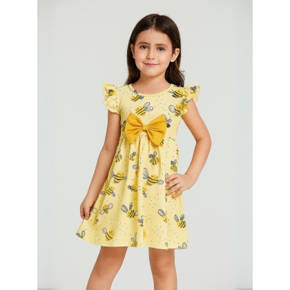 فستان نص كم بناتي لون أصفر برسومات نحلة