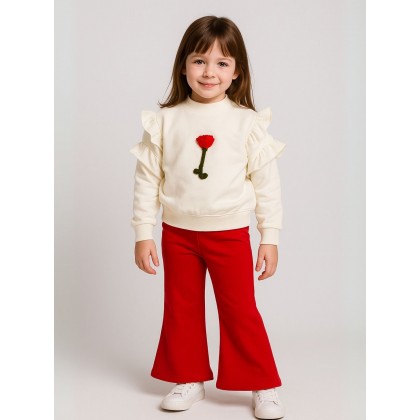 طقم بنطلون مع بلوزة كم بناتي لون أحمر وأبيض