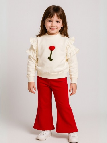 طقم بنطلون مع بلوزة كم بناتي لون أحمر وأبيض