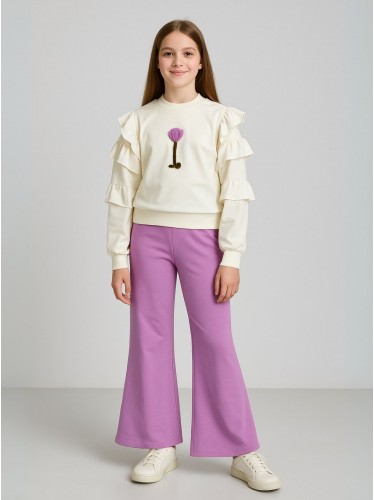 طقم بنطلون مع بلوزة كم بناتي لون بنفسجي فاتح وأبيض