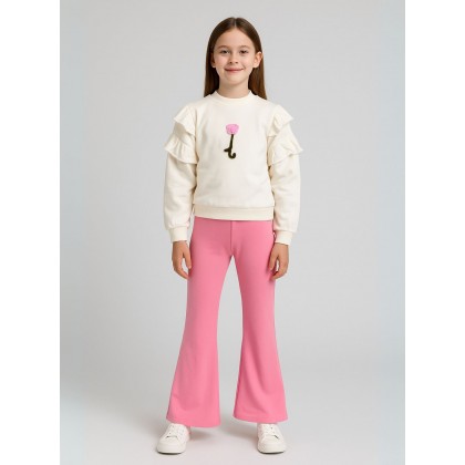 طقم بنطلون مع بلوزة كم بناتي لون أبيض