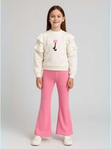 طقم بنطلون مع بلوزة كم بناتي لون أبيض