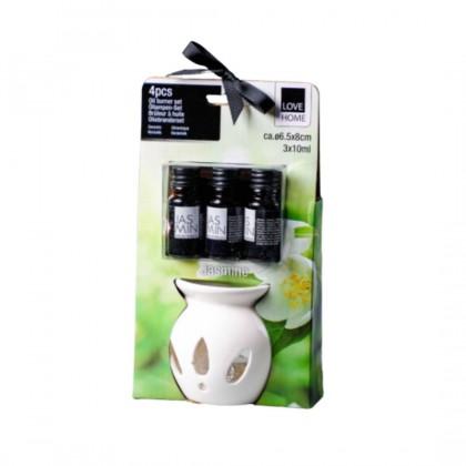 بكج مبخرة بورسلان مع 3 علب زيوت عطرية برائحة الياسمين 10 مل وشمعة