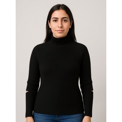 بلوزة صوف للنساء مع قبة لون أسود