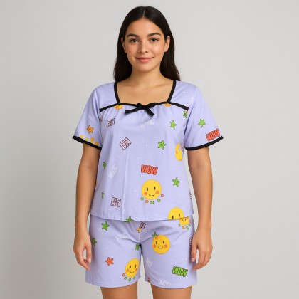 بيجامة صيفية بيتية شورت وبلوزة للنساء لون بنفسجي فاتح one Size