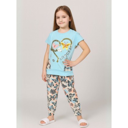 بجامة بناتي قطعتين صيفي لون أزرق