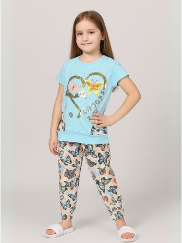 بجامة بناتي قطعتين صيفي لون أزرق